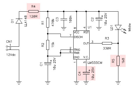 Circuit diagram of one oscillator. Components highlighted in red have been added afterwards to fix the problems.