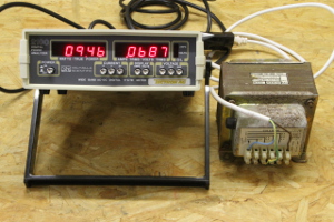 The same transformer (without load) being measured with an AC power analyzer. (click to enlarge)