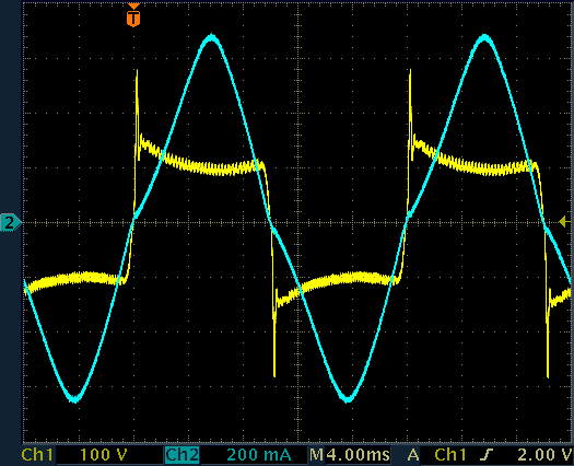 Lamp voltage (CH1) and lamp current (CH2) of a burning 4' (1.2m) T8 (Ø25.4mm) 36W tube.