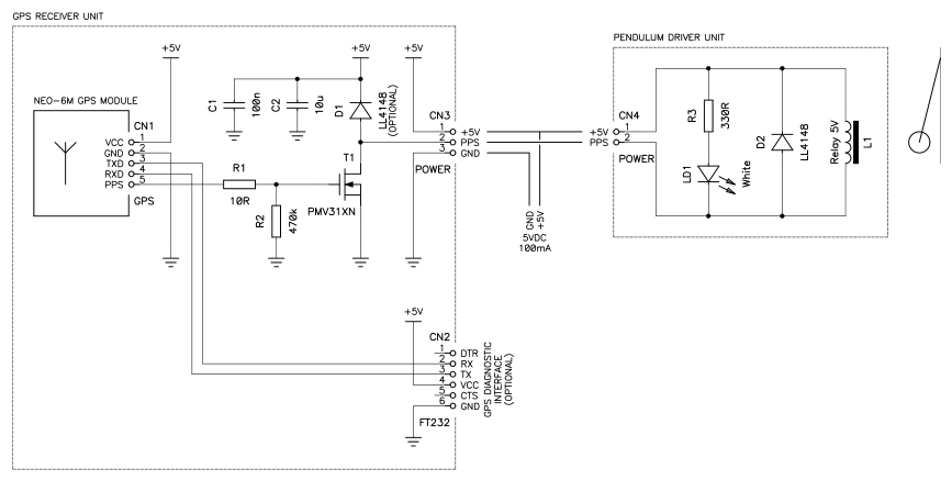 Schematics of this GPS pendulum synchronization circuit. (click to enlarge)