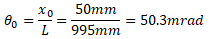 theta_0=x_0/L=50mm/995mm=50.3mrad