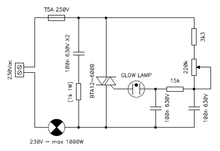 Circuit diagram of the glow-lamp based filament light bulb dimmer.