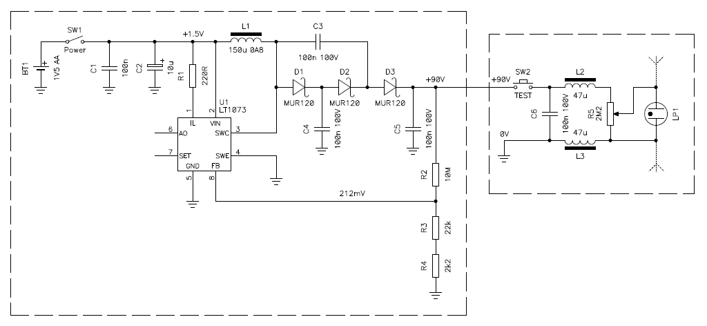 Circuit diagram of the RF field monitor with the safe high voltage generator.