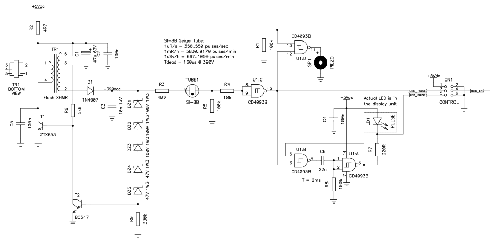 Circuit diagram of the radiation detection unit with the high voltage power supply and the pulse amplifier. (click to enlarge)