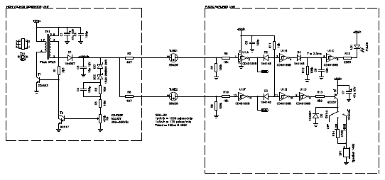 Circuit diagram of the whole analog section (high voltage generator unit, Geiger tubes and pulse amplifier). If powered with 5V, this circuit is enough to detect radiation and make the speaker tick. (click to enlarge)