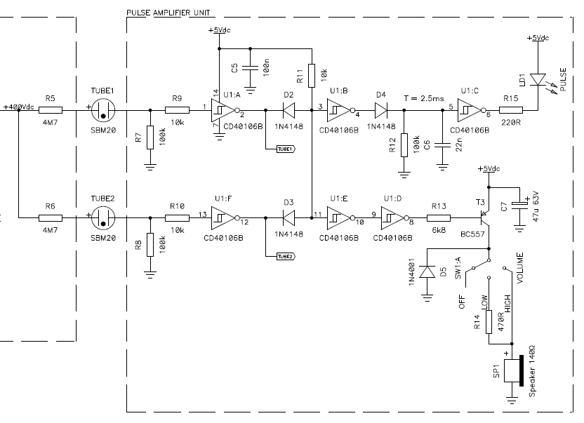 Circuit diagram of the pulse amplifier unit, also showing the two Geiger tubes and the output section of the high voltage generator unit (described before).