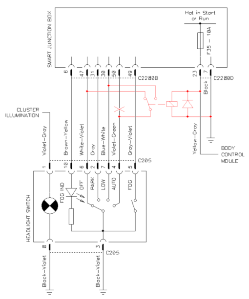 Circuit diagram of the modification to automatically switch the headlight on and off with the ignition. (click to enlarge)