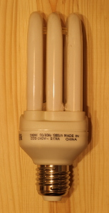 This compact fluorescent lamp uses 20 W of electric power and produce a (nominal) luminous flux of 1300 lm.