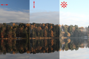 A landscape with a blue sky. Left: horizontally polarized; middle: vertically polarized; right: not polarized. 35 mm, f/5.6, 1/400 s, ISO-400. Exposure was not adjusted and is the same for the three parts. (click to enlarge)