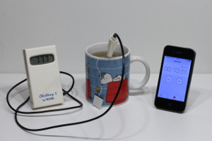 A thermometer, a stopwatch and a cup of hot tea.